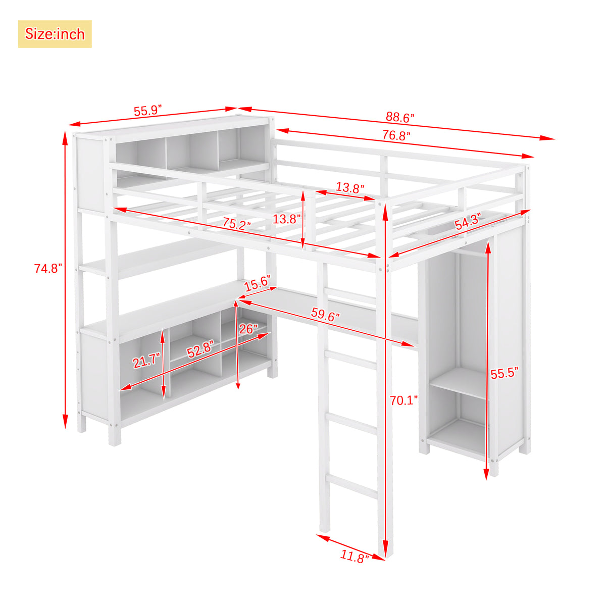 Full Loft Bed with Wardrobe and Shelf White