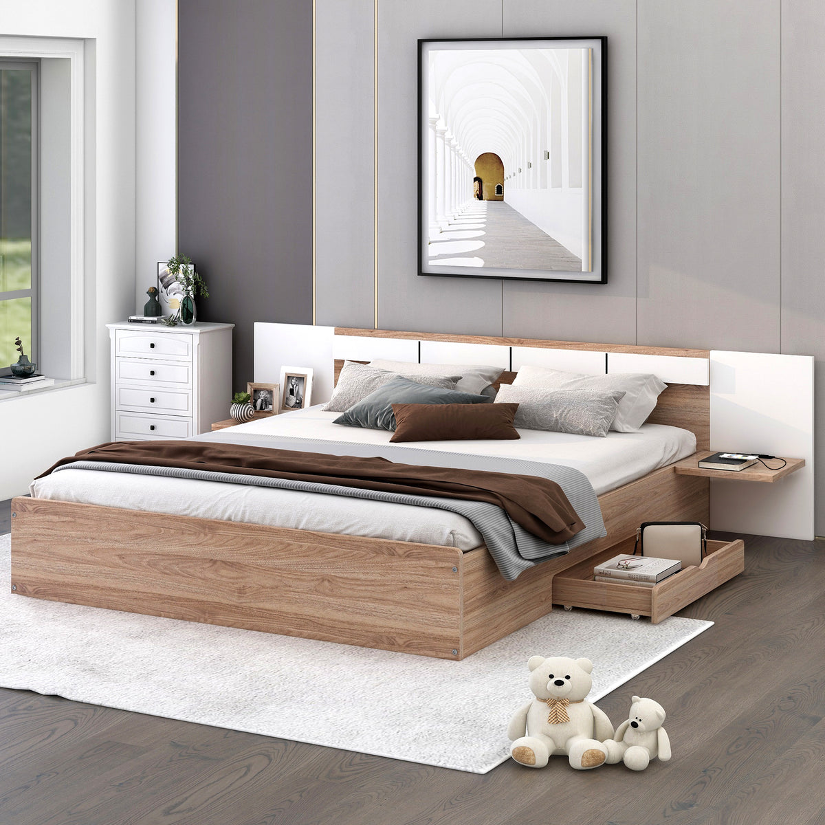 Queen Platform Bed with USB Ports Natural