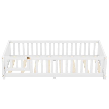 Twin Floor Bed with Guardrails White