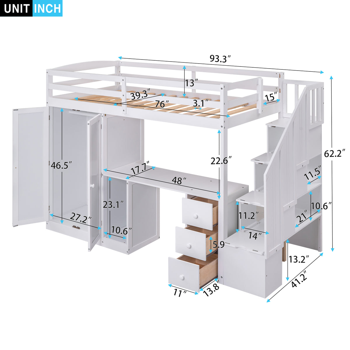 Loft Bed with Wardrobe and Storage Drawers White