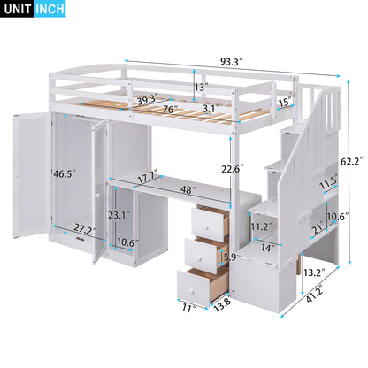 Loft Bed with Wardrobe and Storage Drawers White