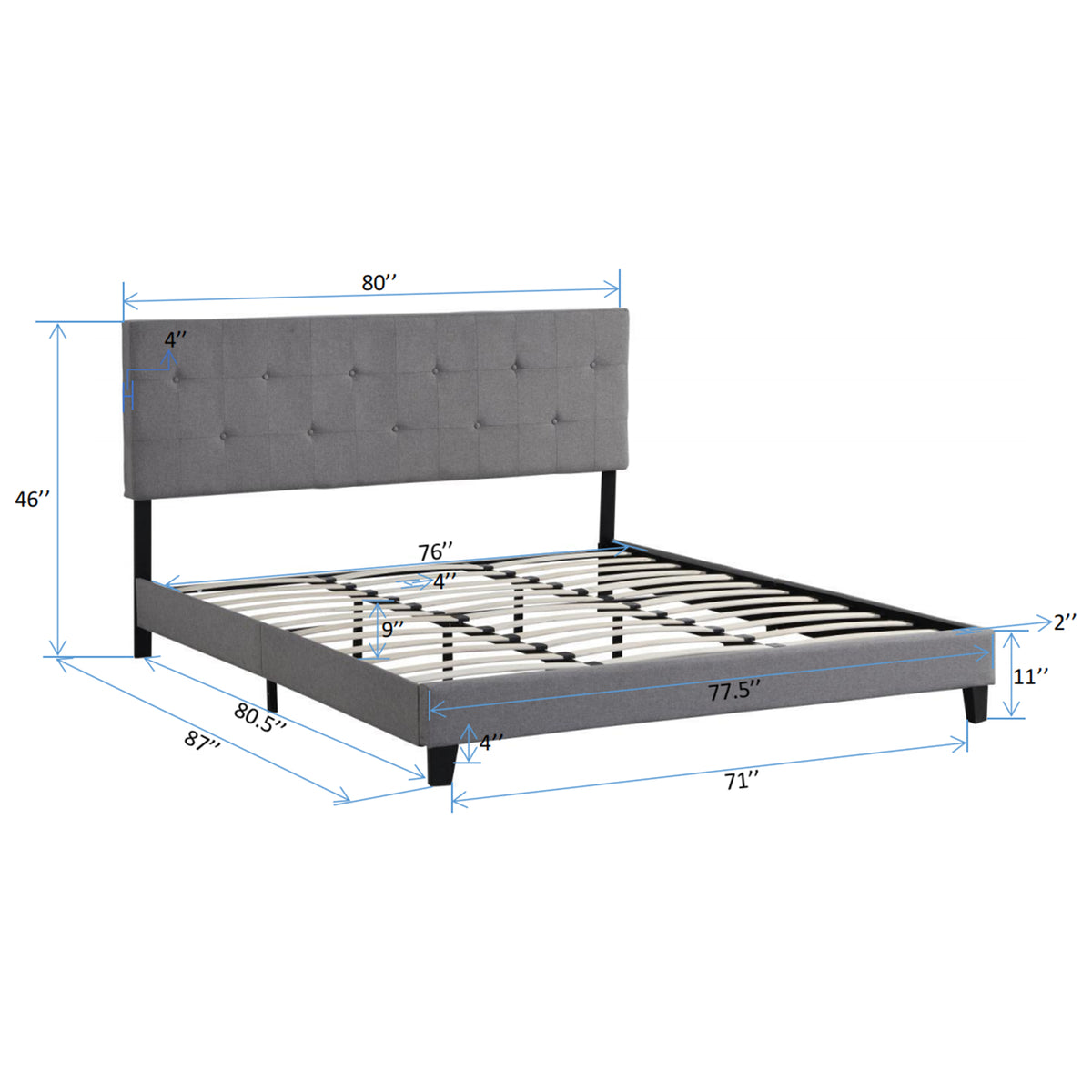 King Upholstered Platform Bed Gray