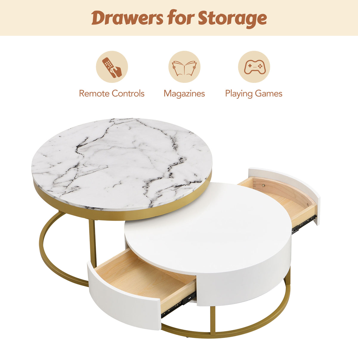Round Nesting Coffee Table Set White Marble