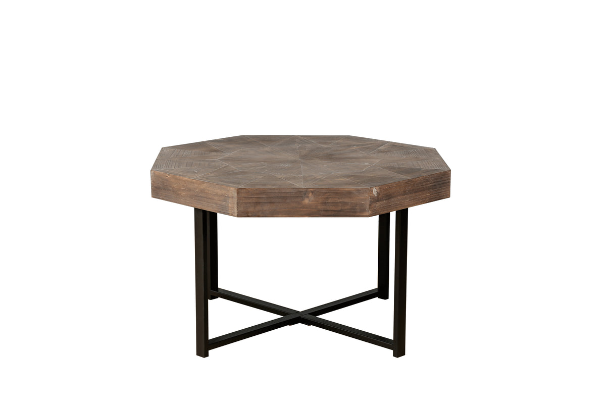 Octagonal Coffee Table with Cross Metal Base Brown