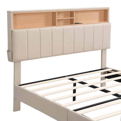 Full Upholstered Storage Bed – Beige Linen