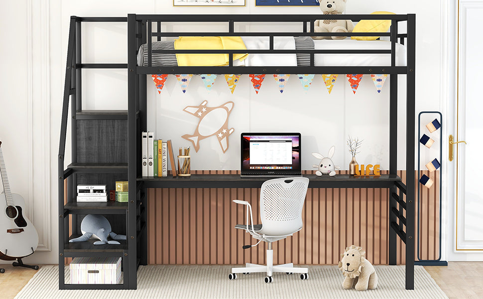 Full Metal Loft Bed with Desk Black