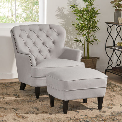 Light Grey Fabric Armchair with Ottoman