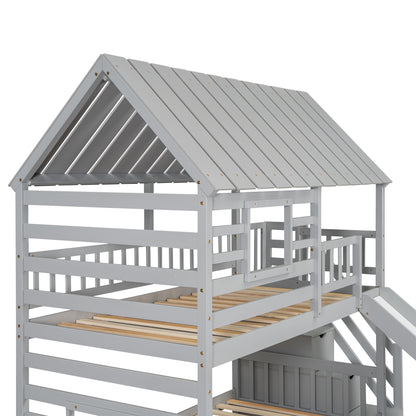 Twin Bunk Bed with Roof and Ladder Gray
