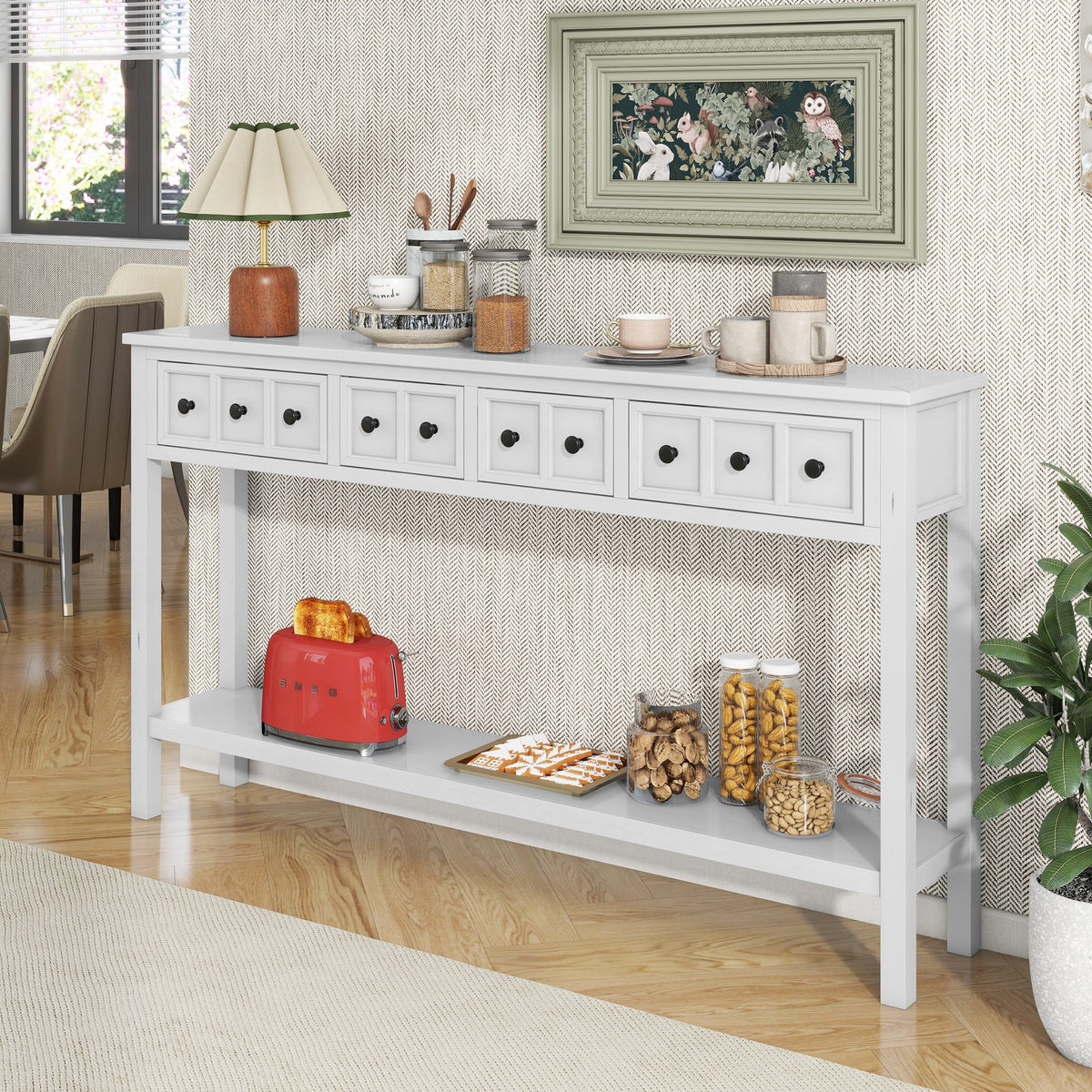 Rustic Entryway Console Table with Drawers Antique White