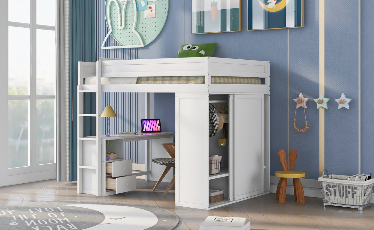 Full-Size Loft Bed with Wardrobe and Drawers White
