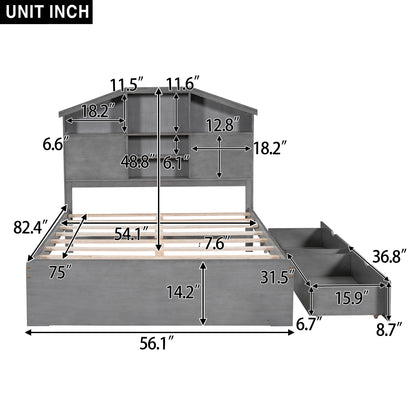 Full Platform Bed with Storage Headboard Gray