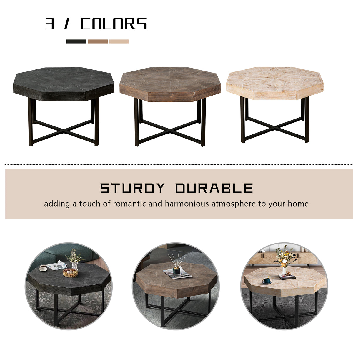 Octagonal Coffee Table with Cross Metal Base Brown