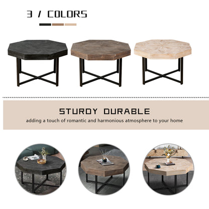 Octagonal Coffee Table with Cross Metal Base Brown