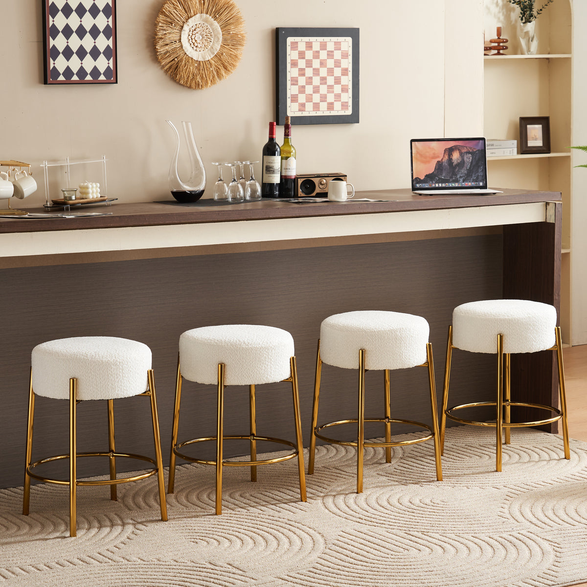 Beige Upholstered Round Bar Stool Set of 2 – 24" Height Modern Wood Finish with Foam Cushion