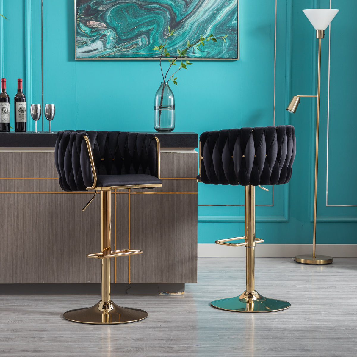 Velvet Bar Stool Set (2 pcs) – Black Finish