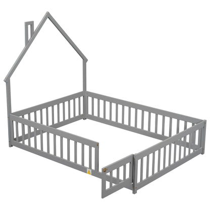 House Frame Bed with Fence Gray