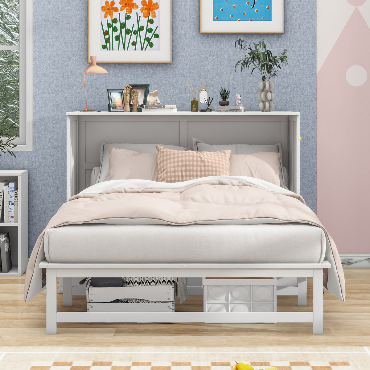 Queen Size Murphy Bed with USB Ports and Storage Shelf
