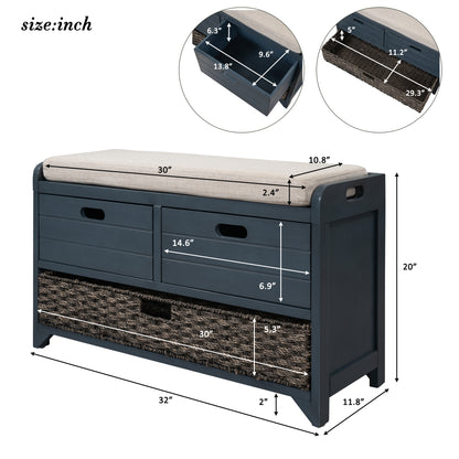 Navy Storage Bench with Rattan Basket