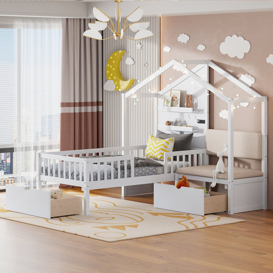 Twin House Bed with Sofa White