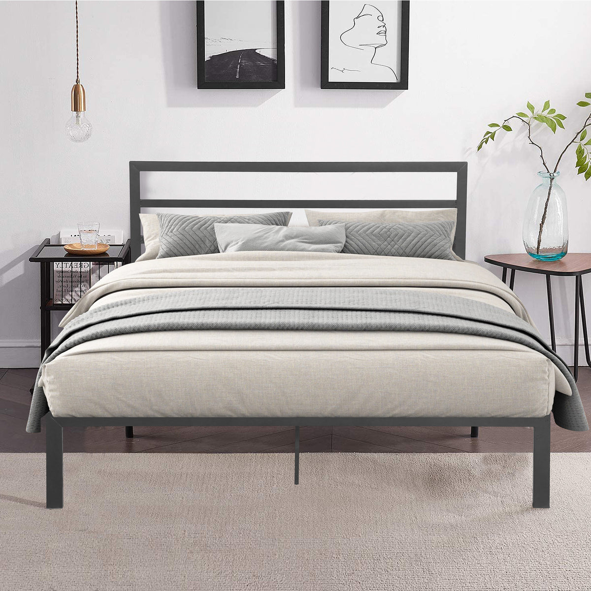 Charcoal Gray Metal Bed Frame with Headboard