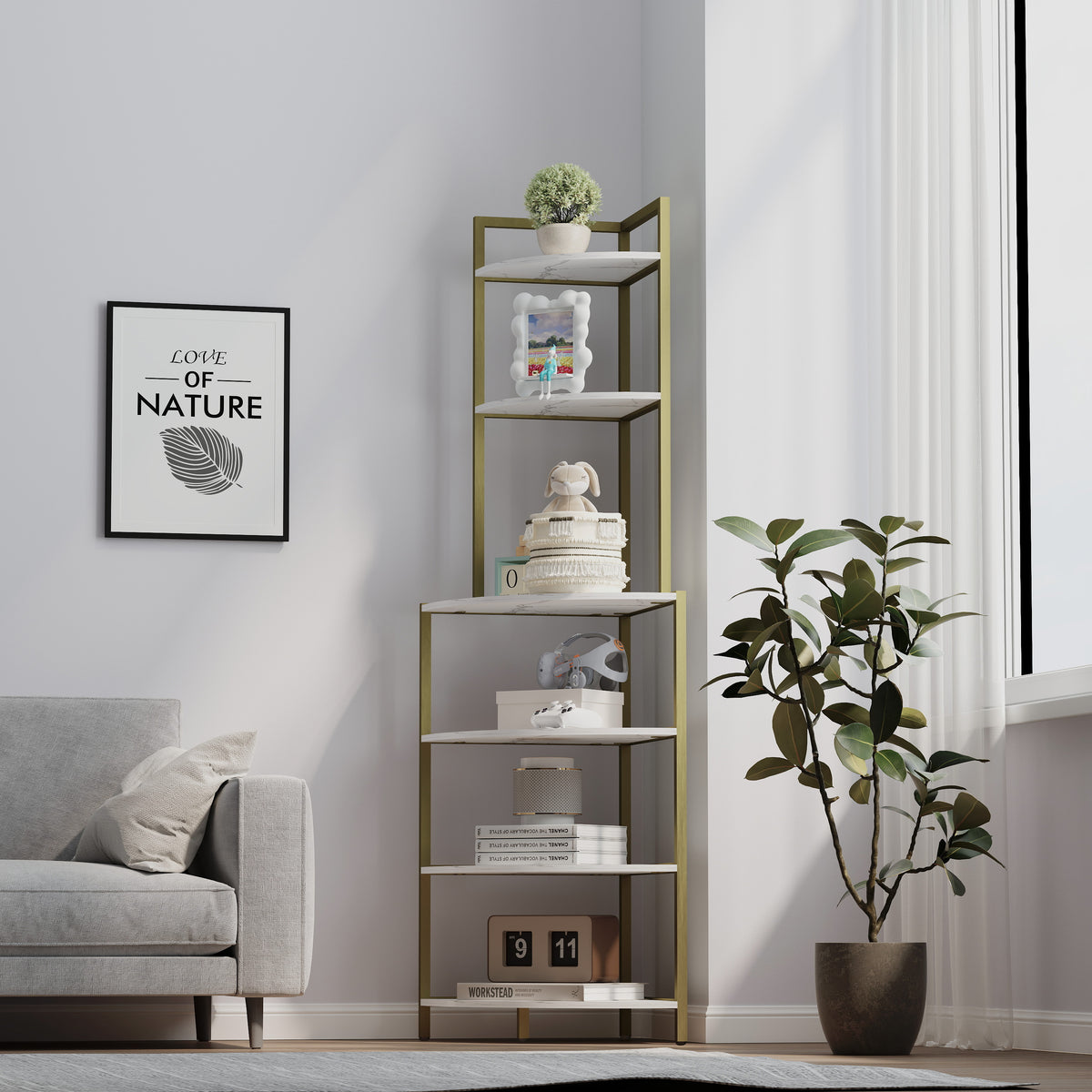 6-Tier Wooden Bookshelf Corner Storage Brown