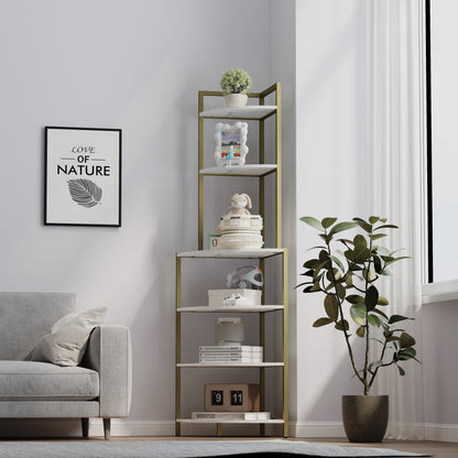 6-Tier Wooden Bookshelf Corner Storage Brown