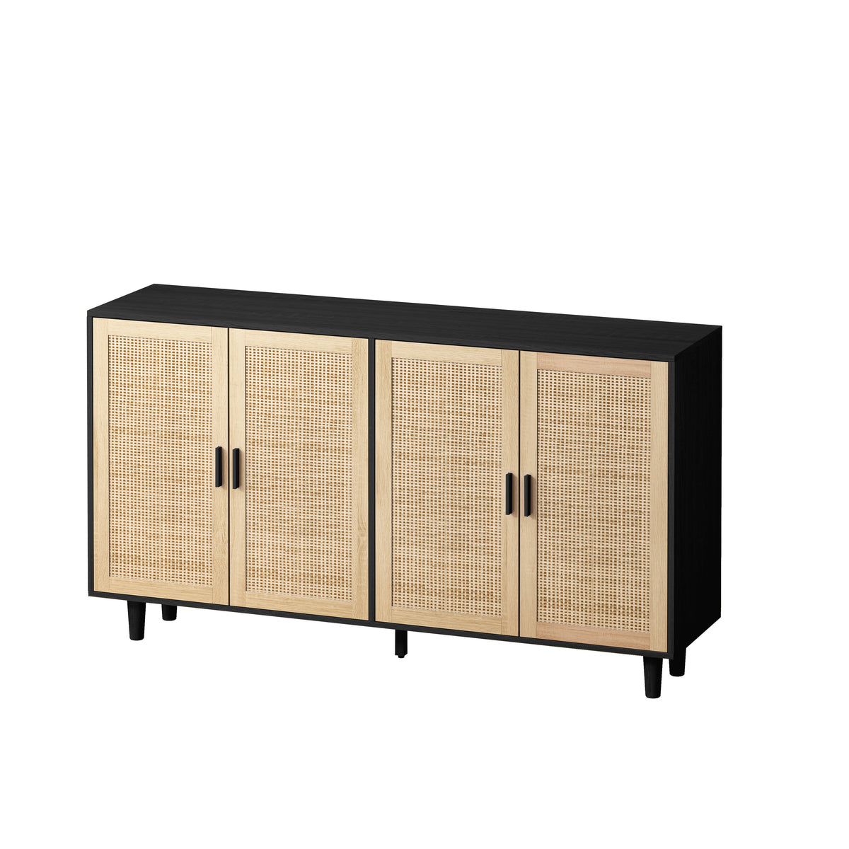 62-Inch Black Rattan 4-Door Storage Cabinet