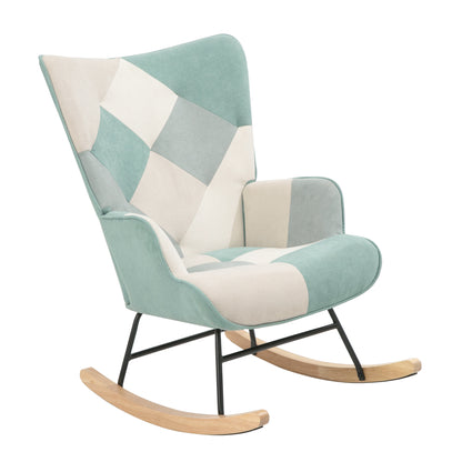 Mid-Century Patchwork Rocking Chair with Ottoman – Linen Fabric