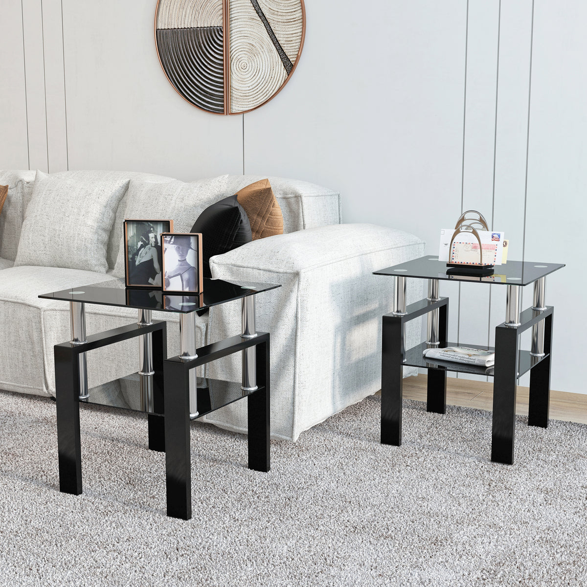 Modern Glass Coffee Tables Set of 2 Black Finish