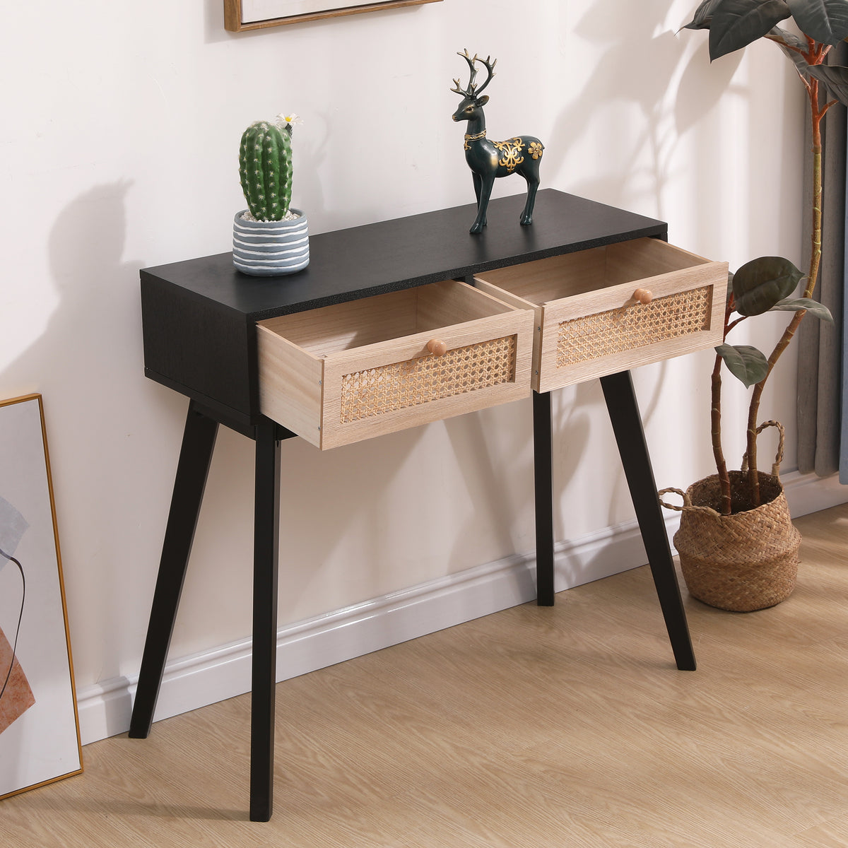 Rattan Side Table with Solid Wood Legs