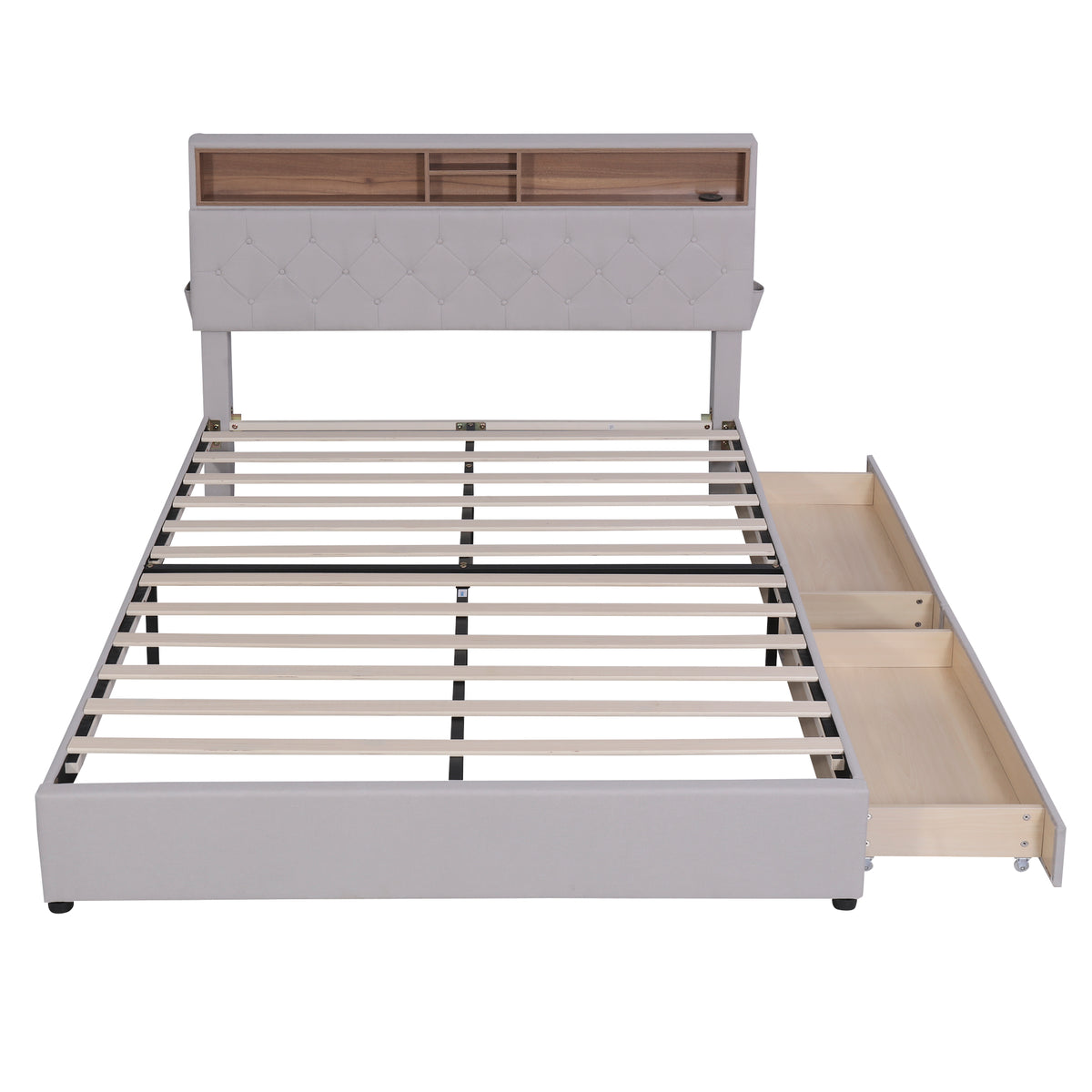 Queen LED Upholstered Storage Bed – Beige