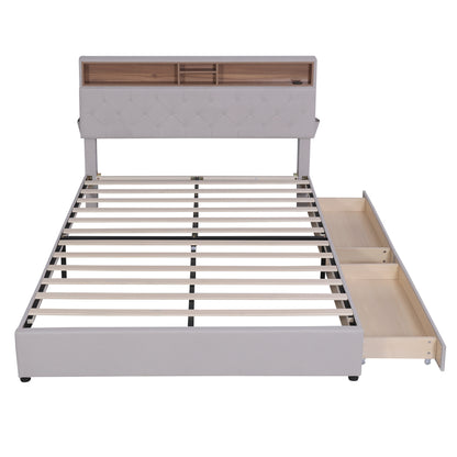 Queen LED Upholstered Storage Bed – Beige