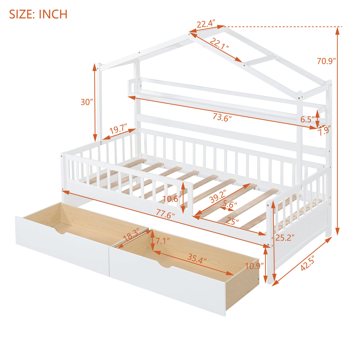 Twin House Bed with Storage Shelf White