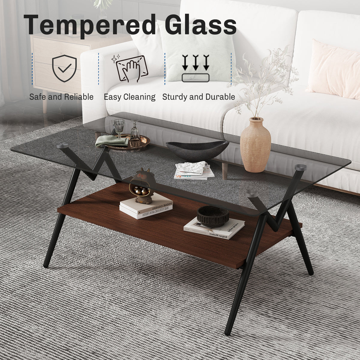 Rectangular Glass Coffee Table – Grey Wood Base