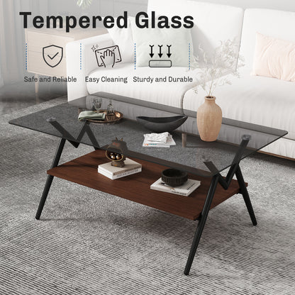 Rectangular Glass Coffee Table – Grey Wood Base
