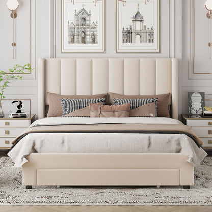 Queen Velvet Storage Bed Beige