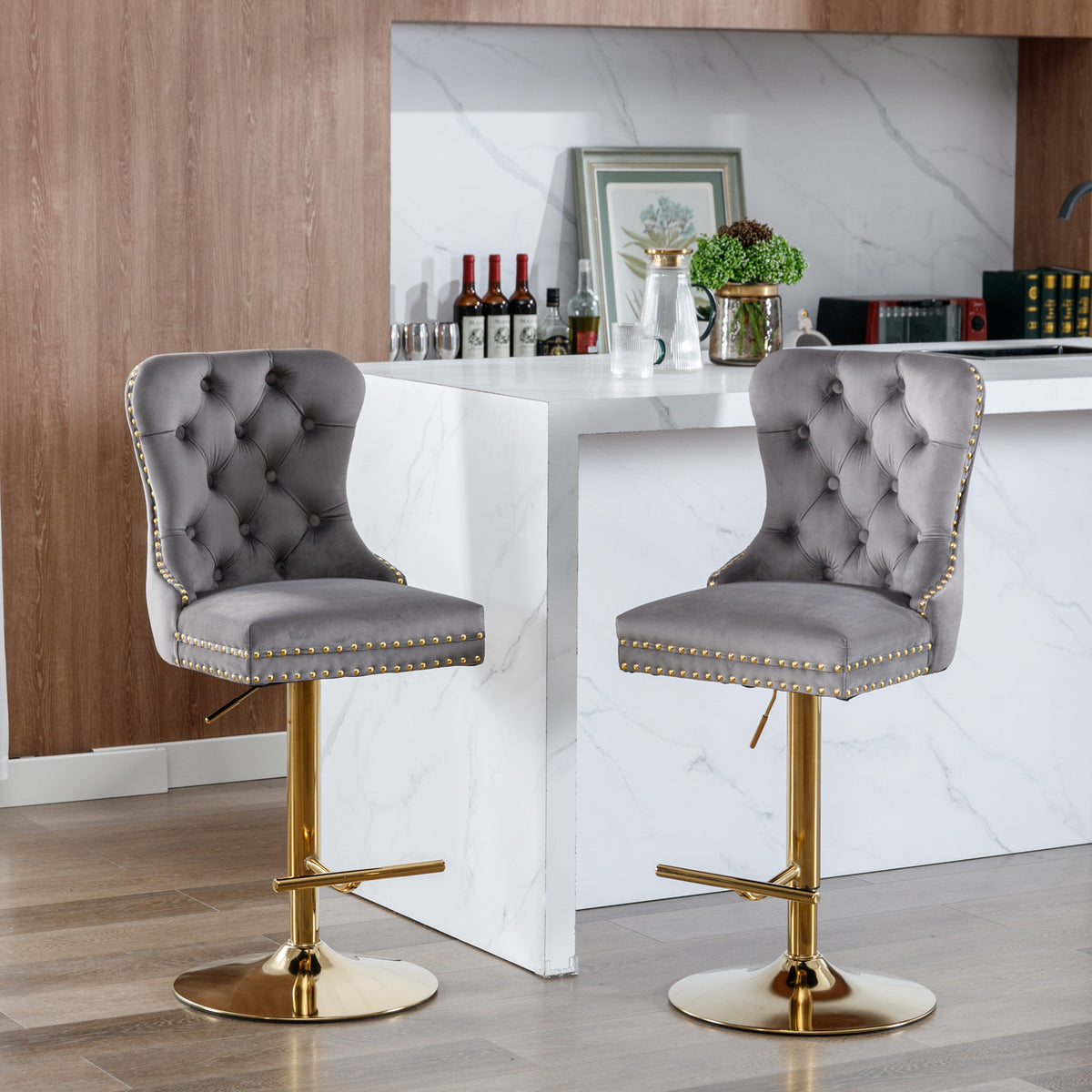 Adjustable Velvet Bar Stool Set of 2 Gray