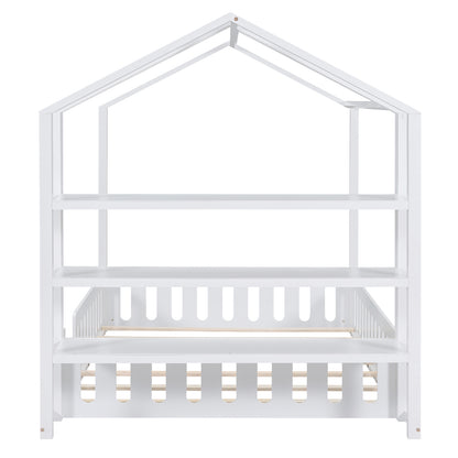 Full Platform Bed with Storage Shelves White