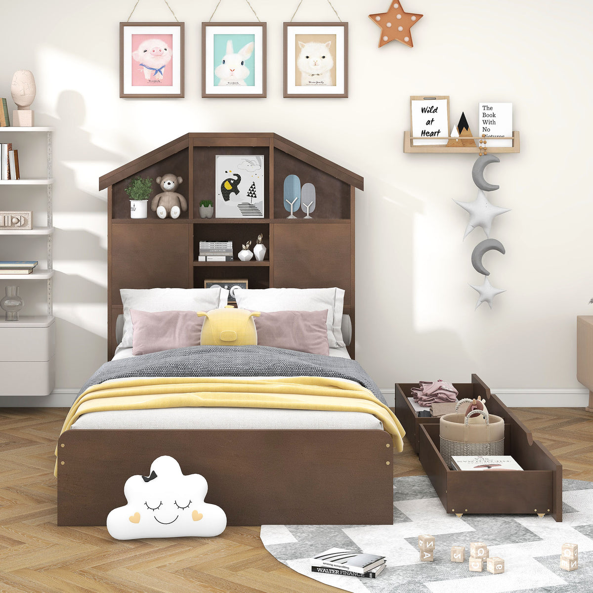 Twin Platform Bed with Storage Drawers Walnut