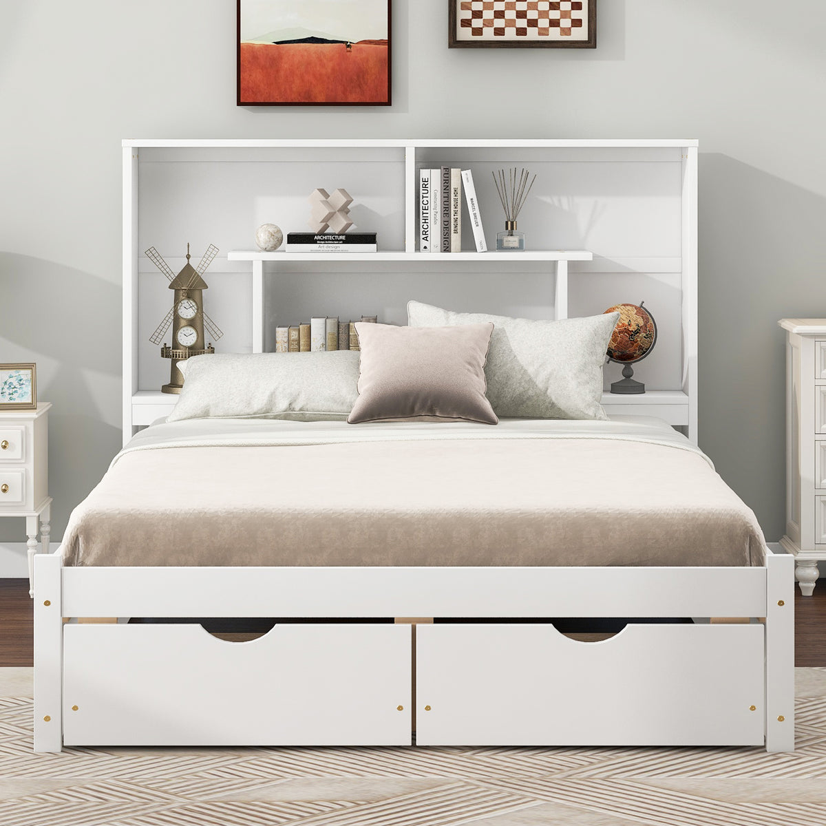 Full Platform Bed with Storage Headboard White