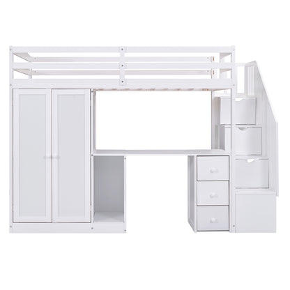 Loft Bed with Wardrobe and Storage Drawers White