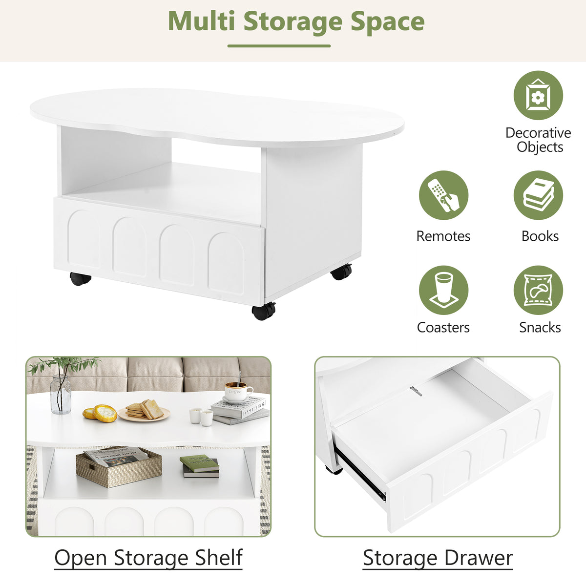 Cream Coffee Table with Storage Drawers – White