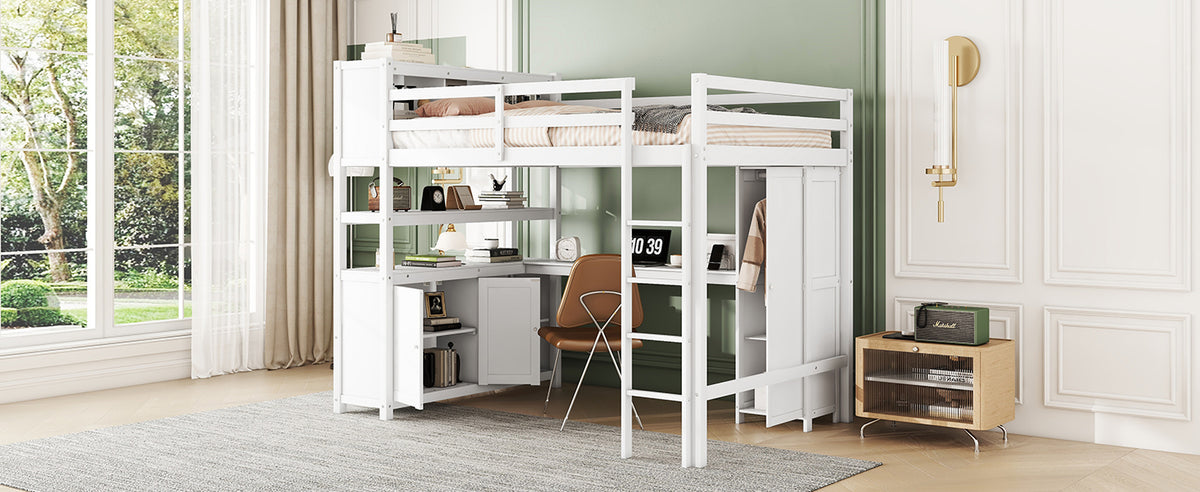 Wood Loft Bed with Bookshelf White