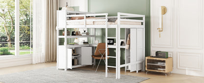 Wood Loft Bed with Bookshelf White