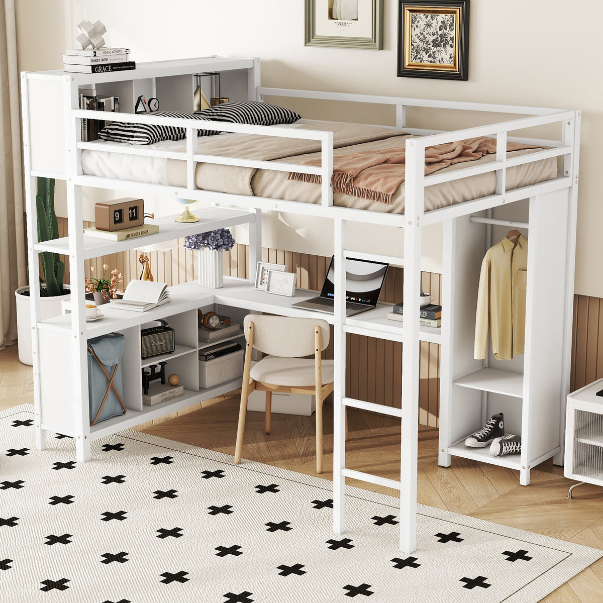 Full Loft Bed with Wardrobe and Shelf White