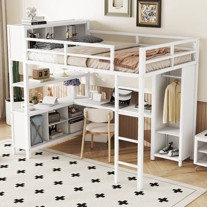 Full Loft Bed with Wardrobe and Shelf White