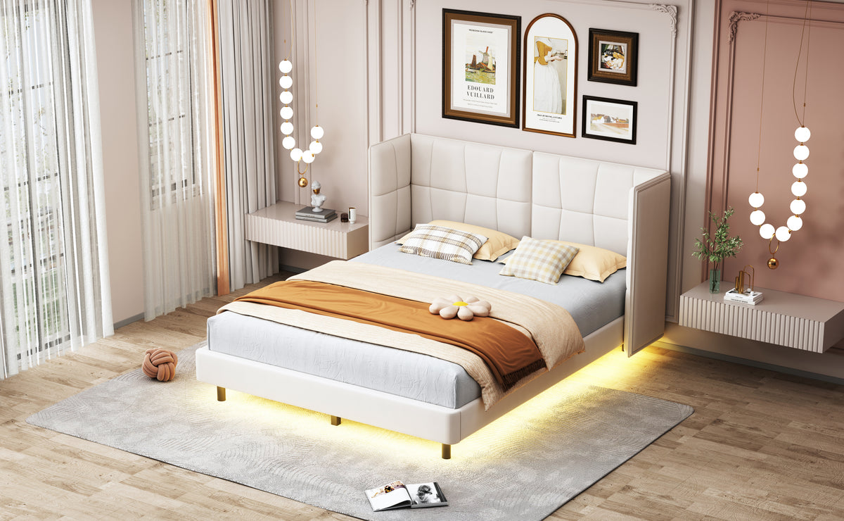 Queen Platform Bed with LED Headboard Beige