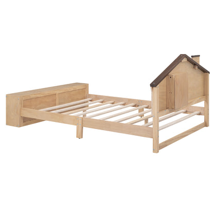 Full Platform Bed with LED Headboard – Natural Wood
