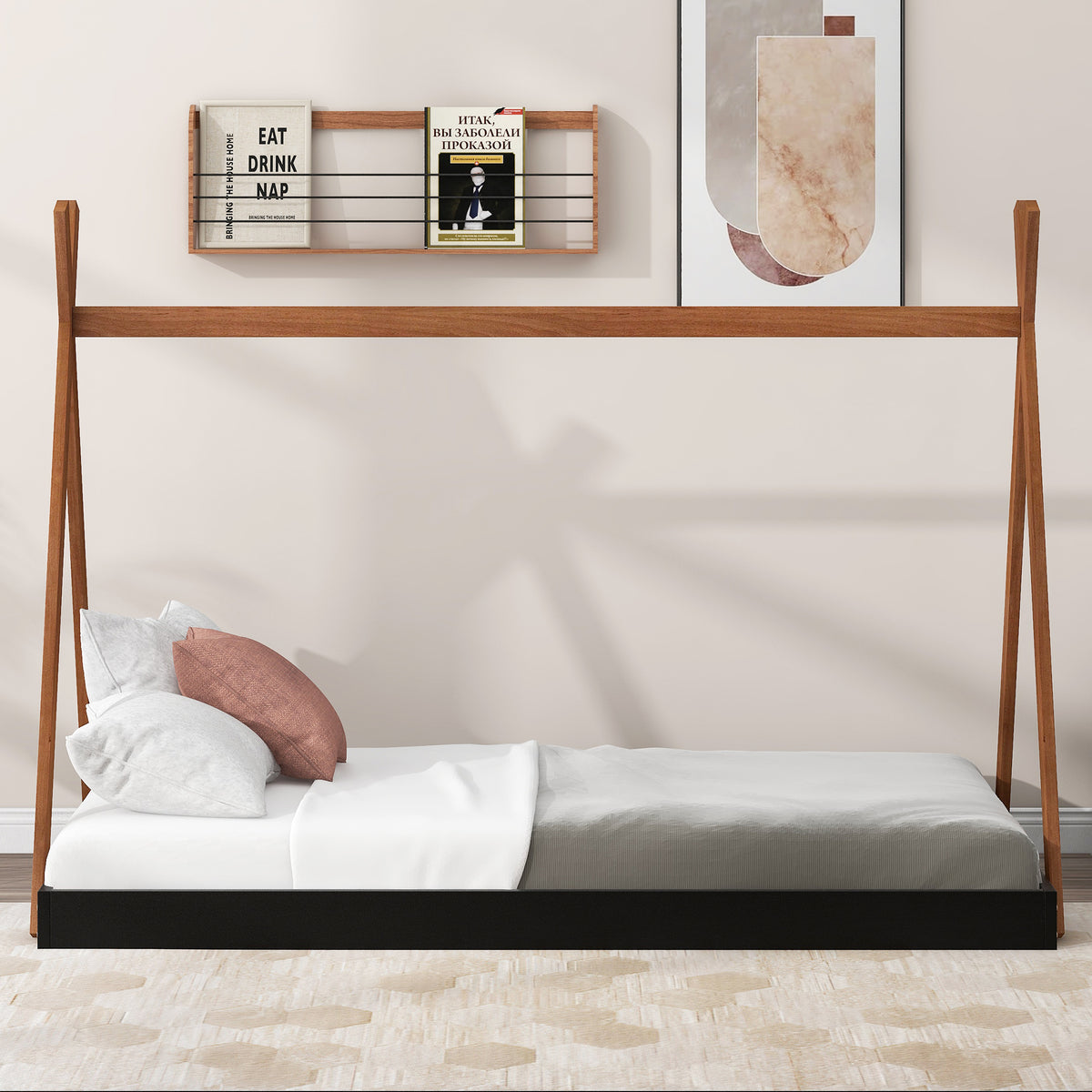 Twin Bed with Triangle Tent Frame Brown