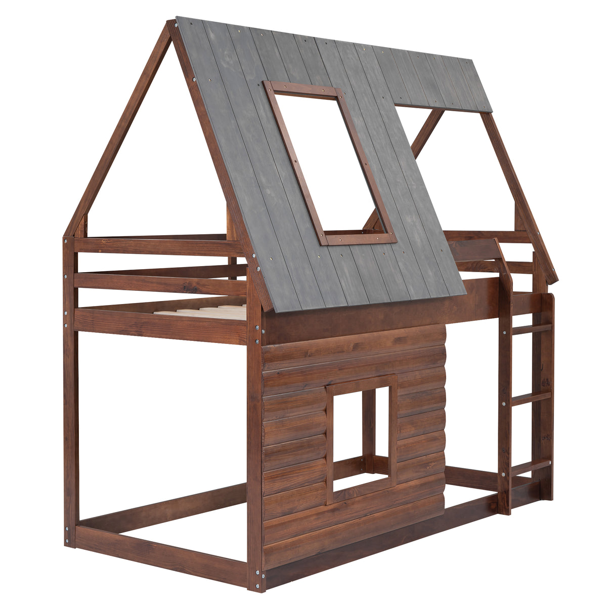 Twin Bunk Bed with Roof Windows Gray